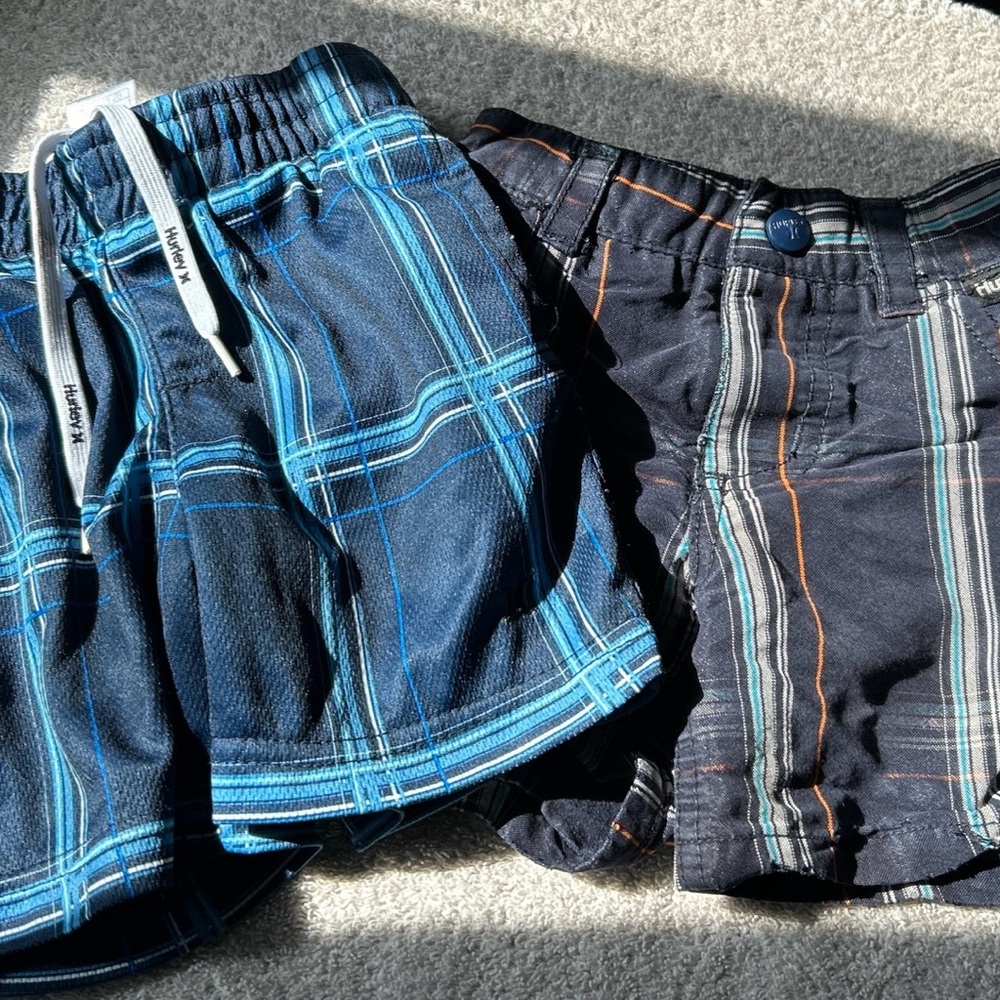 Hurley Baby Boy Sz:12m lot of 2 blue plaid /stripes, swim & casual.